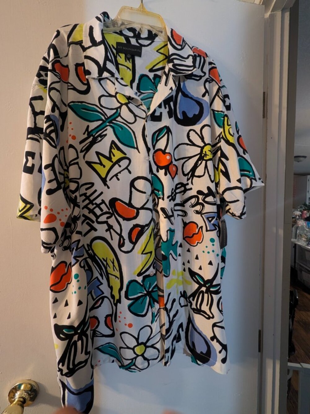 No Boundaries men's 2XL 2pc Set White Doodle Nylon Printed Swim Shorts/Shirt NWT